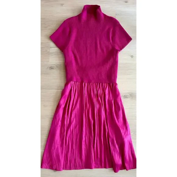 Anthro Pink Pleated Midi Dress Mock Neck Fit & Flare XL - Picture 2 of 6